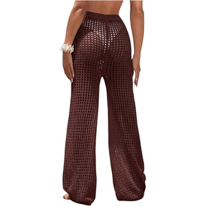 image:imageRoseSeek Womens Cover Up Beach Pants Hollow Out Drawstring High Elastic Waist Swimsuit Beach Cover Up PantsRedwood