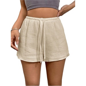 image:imageRoseSeek Womens Elastic High Waisted Track Shorts Casual Wide Leg Textured Drawstring Mini ShortsApricot
