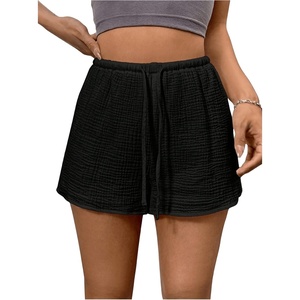 image:imageRoseSeek Womens Elastic High Waisted Track Shorts Casual Wide Leg Textured Drawstring Mini ShortsBlack