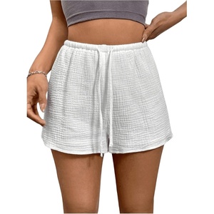 image:imageRoseSeek Womens Elastic High Waisted Track Shorts Casual Wide Leg Textured Drawstring Mini ShortsWhite