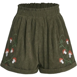 image:imageRoseSeek Womens Embroidered Corduroy Shorts Elastic High Waisted Straight Leg Casual Lounge ShortsArmy Green