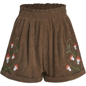 image:imageRoseSeek Womens Embroidered Corduroy Shorts Elastic High Waisted Straight Leg Casual Lounge ShortsCoffee Brown