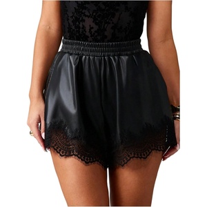 image:imageRoseSeek Womens Faux Leather Lace Trim Shorts High Waisted Mini Shorts Lolita Y2k OutfitsBlack
