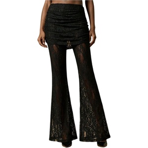 image:imageRoseSeek Womens Lace Sheer Mesh Bell Bottoms Ruched High Waisted Flare Leggings Skirt PantsBlack