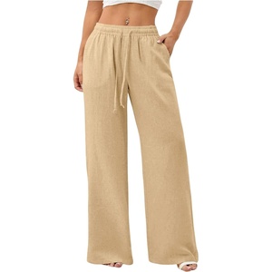 image:imageRoseSeek Womens Straight Wide Leg Pants Drawstring Waisted Casual Long Trousers with PocketsApricot Beige