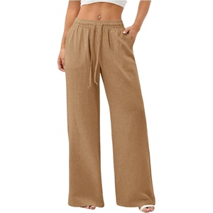 image:imageRoseSeek Womens Straight Wide Leg Pants Drawstring Waisted Casual Long Trousers with PocketsBrown