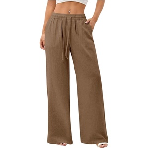 image:imageRoseSeek Womens Straight Wide Leg Pants Drawstring Waisted Casual Long Trousers with PocketsLight Brown