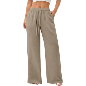 image:imageRoseSeek Womens Straight Wide Leg Pants Drawstring Waisted Casual Long Trousers with PocketsMix Grey