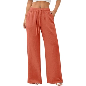 image:imageRoseSeek Womens Straight Wide Leg Pants Drawstring Waisted Casual Long Trousers with PocketsOrange