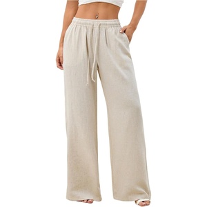 image:imageRoseSeek Womens Straight Wide Leg Pants Drawstring Waisted Casual Long Trousers with PocketsPure Apricot
