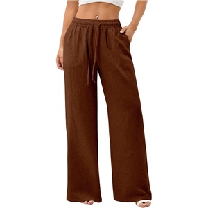 image:imageRoseSeek Womens Straight Wide Leg Pants Drawstring Waisted Casual Long Trousers with PocketsPure Brown