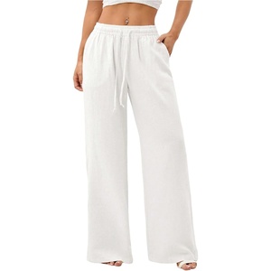 image:imageRoseSeek Womens Straight Wide Leg Pants Drawstring Waisted Casual Long Trousers with PocketsWhite
