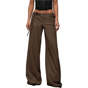 image:imageRoseSeek Womens Wide Leg Dress Pants Drawstring Eyelet Baggy Business Work Long Pants TrousersCoffee Brown