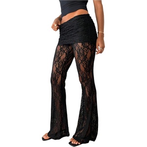 image:imageRoseSeek Womens Y2k Floral Lace Sheer Mesh Patchwork Pants Flared Gothic Elastic Waisted Bell Bottoms Trousers PantsBlack