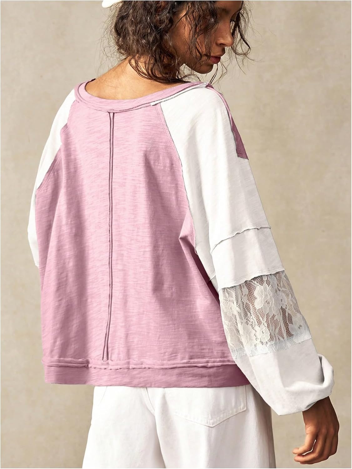 image:imageRoseSeek Womens Oversized Tshirts Lace Patchwork Color Block T Shirt Bishop Sleeve V Neck Tee TopPink Purple