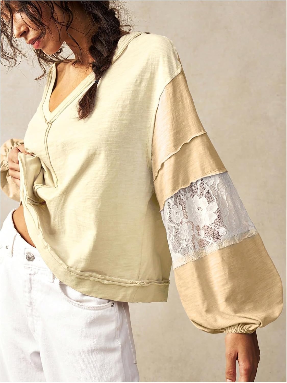 image:imageRoseSeek Womens Oversized Tshirts Lace Patchwork Color Block T Shirt Bishop Sleeve V Neck Tee TopYellow