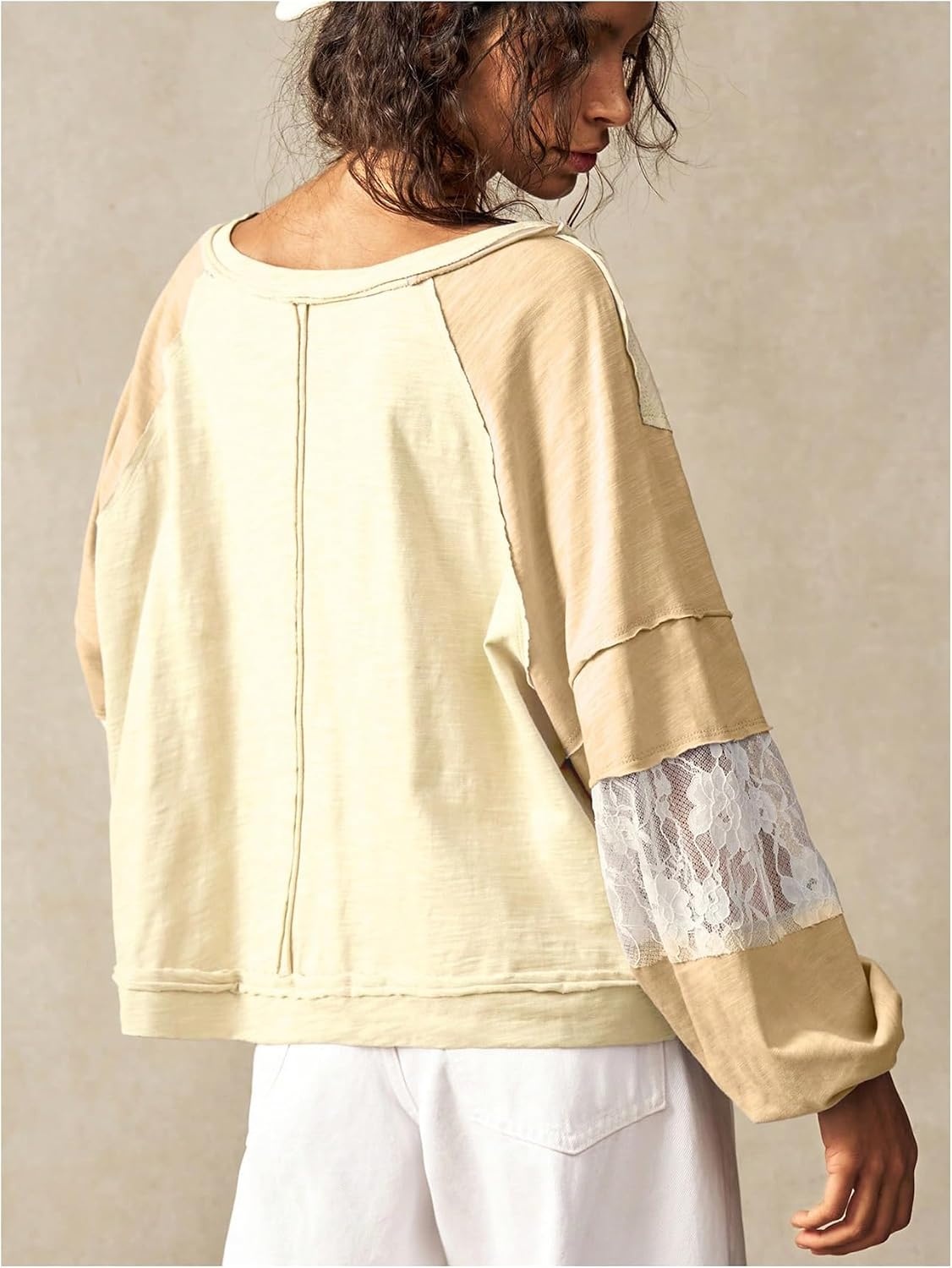 image:imageRoseSeek Womens Oversized Tshirts Lace Patchwork Color Block T Shirt Bishop Sleeve V Neck Tee TopYellow