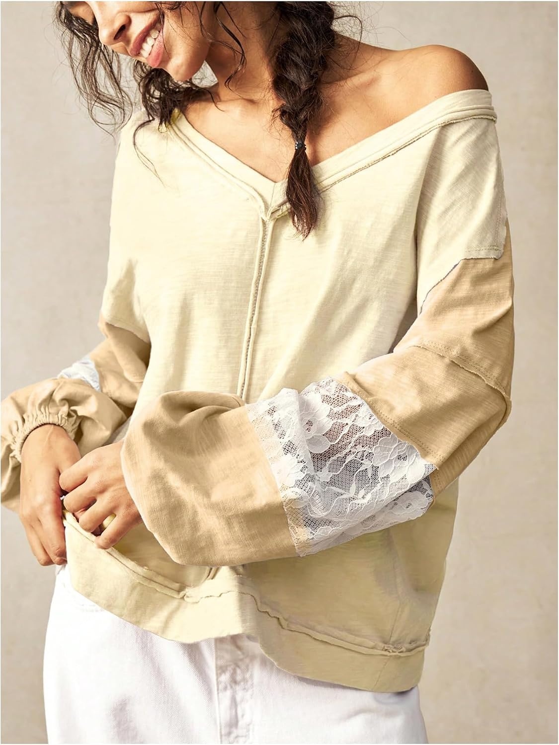 image:imageRoseSeek Womens Oversized Tshirts Lace Patchwork Color Block T Shirt Bishop Sleeve V Neck Tee TopYellow