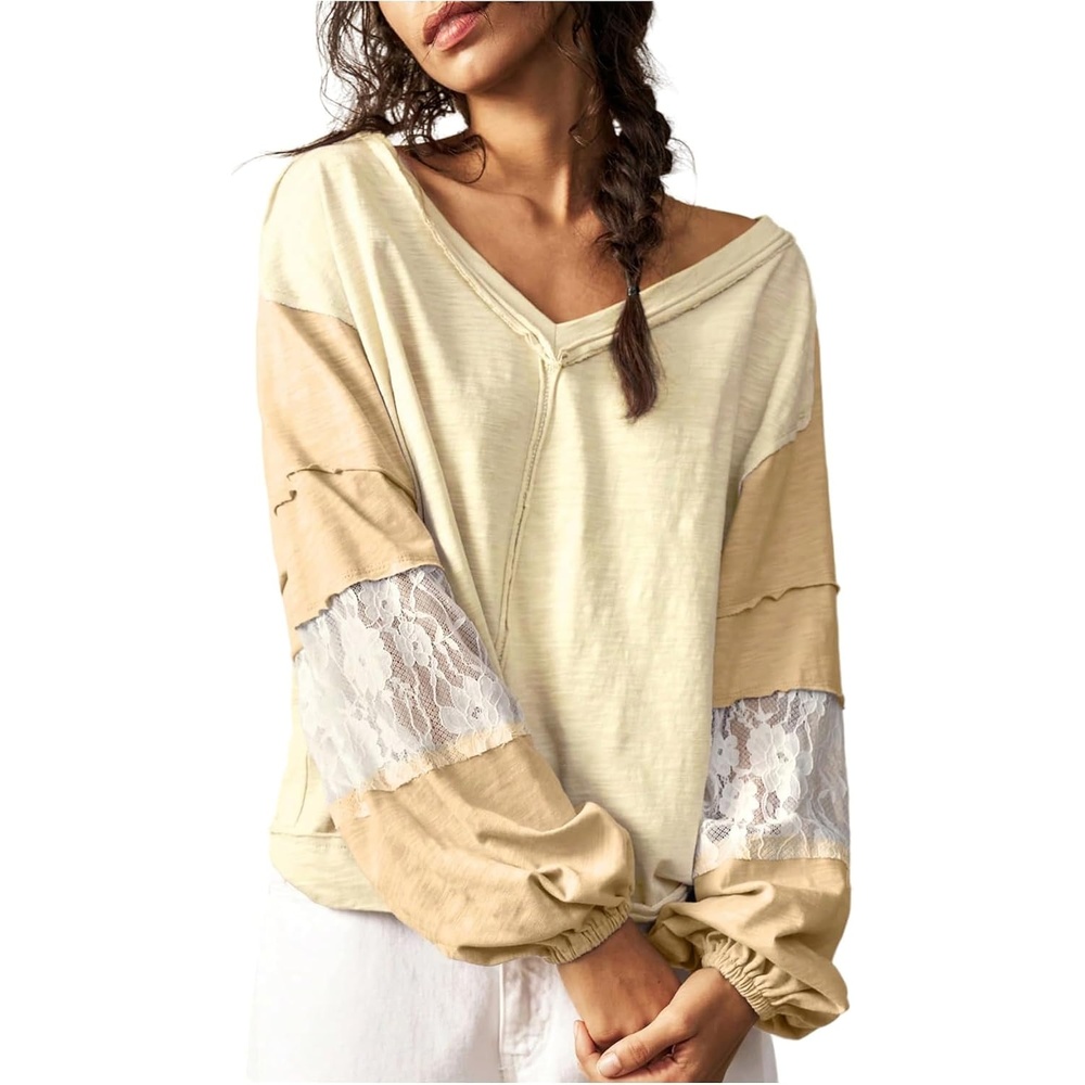 image:imageRoseSeek Womens Oversized Tshirts Lace Patchwork Color Block T Shirt Bishop Sleeve V Neck Tee TopYellow