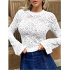 image:imageRoseSeek Womens Elegant Lace Mesh See Through Tops Crew Neck Long Sleeve T Shirts Slim Fit TopsWhite