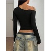 image:imageRoseSeek Womens Grommet Eyelet Off Shoulder Top Slim Fit Crop Tops Y2k Tops Fall OutfitsBlack