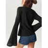 image:imageRoseSeek Womens Knit Lace Bell Sleeve T Shirt Crew Neck Fitted Tee Tops Western Cowgirl OutfitsBlack