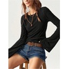 image:imageRoseSeek Womens Knit Lace Bell Sleeve T Shirt Crew Neck Fitted Tee Tops Western Cowgirl OutfitsBlack