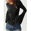 image:imageRoseSeek Womens Knit Lace Bell Sleeve T Shirt Crew Neck Fitted Tee Tops Western Cowgirl OutfitsBlack