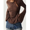 image:imageRoseSeek Womens Knit Lace Bell Sleeve T Shirt Crew Neck Fitted Tee Tops Western Cowgirl OutfitsBrown