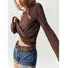 image:imageRoseSeek Womens Knit Lace Bell Sleeve T Shirt Crew Neck Fitted Tee Tops Western Cowgirl OutfitsBrown