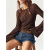 image:imageRoseSeek Womens Knit Lace Bell Sleeve T Shirt Crew Neck Fitted Tee Tops Western Cowgirl OutfitsBrown