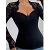 image:imageRoseSeek Womens Lace Patchwork Fitted Tops Sweetheart Neck Long Sleeve T ShirtsBlack