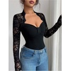 image:imageRoseSeek Womens Lace Patchwork Fitted Tops Sweetheart Neck Long Sleeve T ShirtsBlack