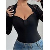 image:imageRoseSeek Womens Lace Patchwork Fitted Tops Sweetheart Neck Long Sleeve T ShirtsBlack