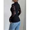image:imageRoseSeek Womens Lace Patchwork Fitted Tops Sweetheart Neck Long Sleeve T ShirtsBlack