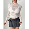 image:imageRoseSeek Womens Lace See Through Blouses Mock Neck Long Sleeve Party Shirts Slim Fit Dressy TopsWhite