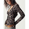 image:imageRoseSeek Womens Leopard Cheetah Button Down V Neck T Shirts Lace Ribbed Knit Long Sleeve Top Fall OutfitsBrown