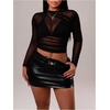 image:imageRoseSeek Womens Long Sleeve Mesh Tops Ruched Crew Neck See Through Tight T ShirtsBlack