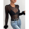 image:imageRoseSeek Womens Mesh Fuzzy Long Sleeve T Shirts See Through Sheer Fitted Night Out Party TopBlack