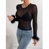 image:imageRoseSeek Womens Mesh Fuzzy Long Sleeve T Shirts See Through Sheer Fitted Night Out Party TopBlack