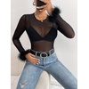 image:imageRoseSeek Womens Mesh Fuzzy Long Sleeve T Shirts See Through Sheer Fitted Night Out Party TopBlack