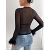 image:imageRoseSeek Womens Mesh Fuzzy Long Sleeve T Shirts See Through Sheer Fitted Night Out Party TopBlack