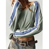image:imageRoseSeek Womens Off The Shoulder Color Block Tee Tops Long Sleeve Loose Casual Fall T ShirtsGreen and Blue