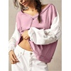 image:imageRoseSeek Womens Oversized Tshirts Lace Patchwork Color Block T Shirt Bishop Sleeve V Neck Tee TopPink Purple