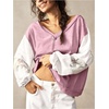 image:imageRoseSeek Womens Oversized Tshirts Lace Patchwork Color Block T Shirt Bishop Sleeve V Neck Tee TopPink Purple