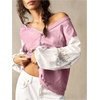 image:imageRoseSeek Womens Oversized Tshirts Lace Patchwork Color Block T Shirt Bishop Sleeve V Neck Tee TopPink Purple