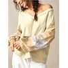 image:imageRoseSeek Womens Oversized Tshirts Lace Patchwork Color Block T Shirt Bishop Sleeve V Neck Tee TopYellow