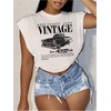 image:imageRoseSeek Womens Plus Size Letter Car Graphic Tees Short Sleeve Crew Neck Crop Tops Summer T ShirtWhite