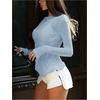 image:imageRoseSeek Womens See Through Long Sleeve Shirts Crew Neck Basic Tight Shirt Going Out TopsBlue