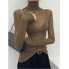 image:imageRoseSeek Womens Sheer Mesh See Through Tops High Mock Neck Turtleneck Long Sleeve T Shirts Going Out Tops UndershirtsKhaki Brown
